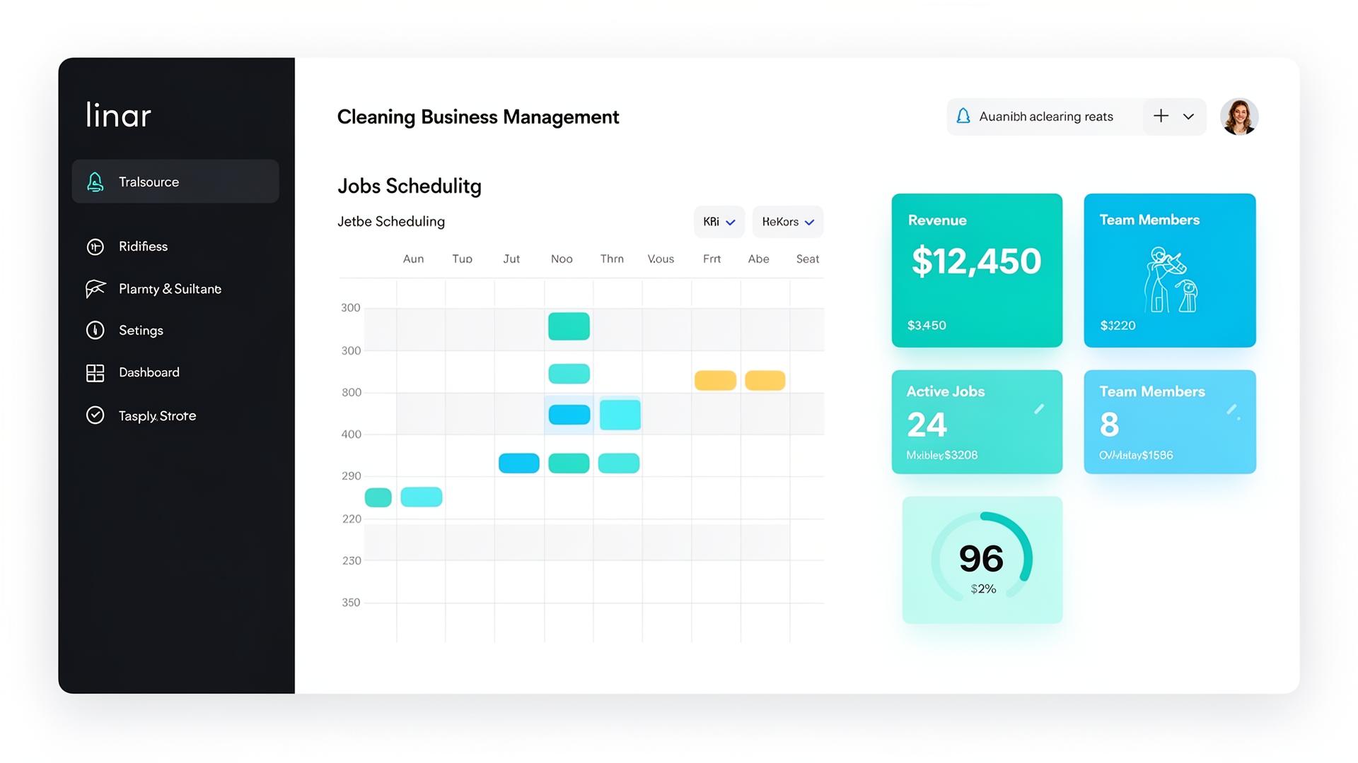 CleanPilotPro dashboard showing cleaner clock-in times, recorded hours, schedule, and payroll totals